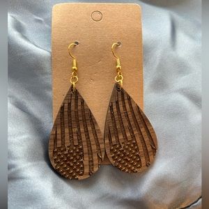 Wood flag Earrings with gold hooks